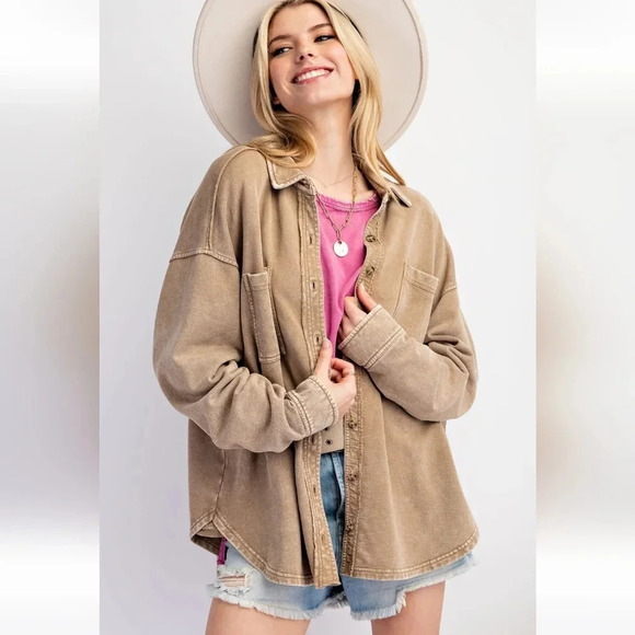 New Easel Wild & Free Mineral Washed Button Down Terry Knit Shirt Shacket - Picture 4 of 6